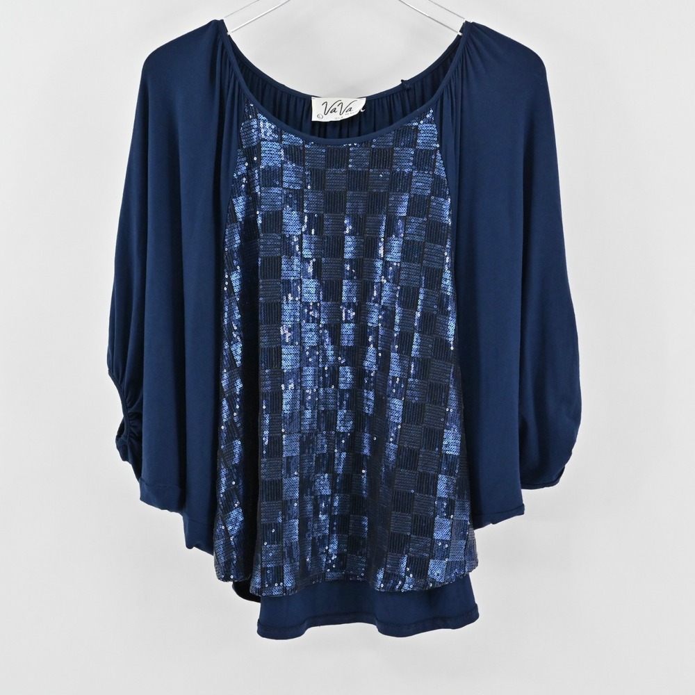 Vtg VaVa Joy Han Womens Sequin Top Size L Blue Checkered Batwing Dolman Sleeve
